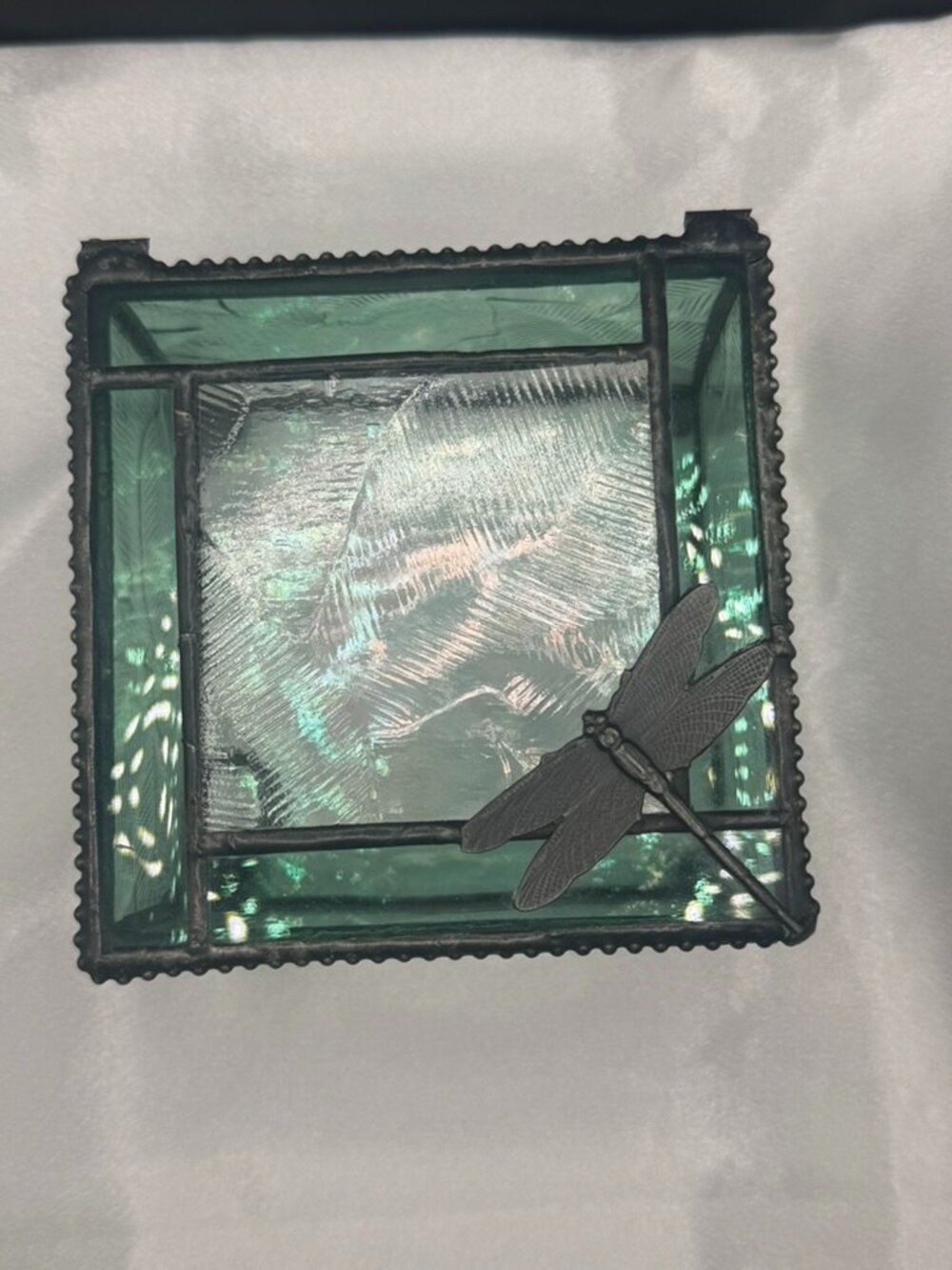 Vintage Iridescent J Devlin Glass Dragonfly Trinket Jewelry Box
